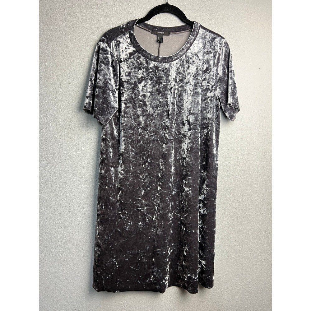 Forever 21 Womens Crushed Velvet T-Shirt Dress Charcoal Grey Short Sleeve Medium